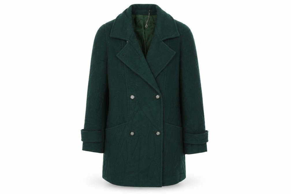 Front view of Berkertex women’s green overcoat jacket, size UK 10