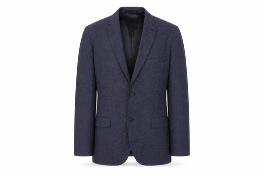 Front view of H&M men’s blue jacket suit jacket, size 42