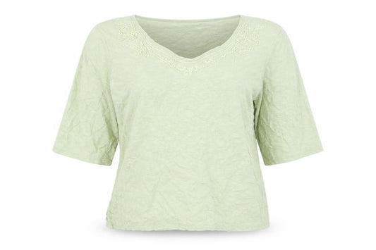 Front view of EURECO women’s green basic t-shirt, size UK 18