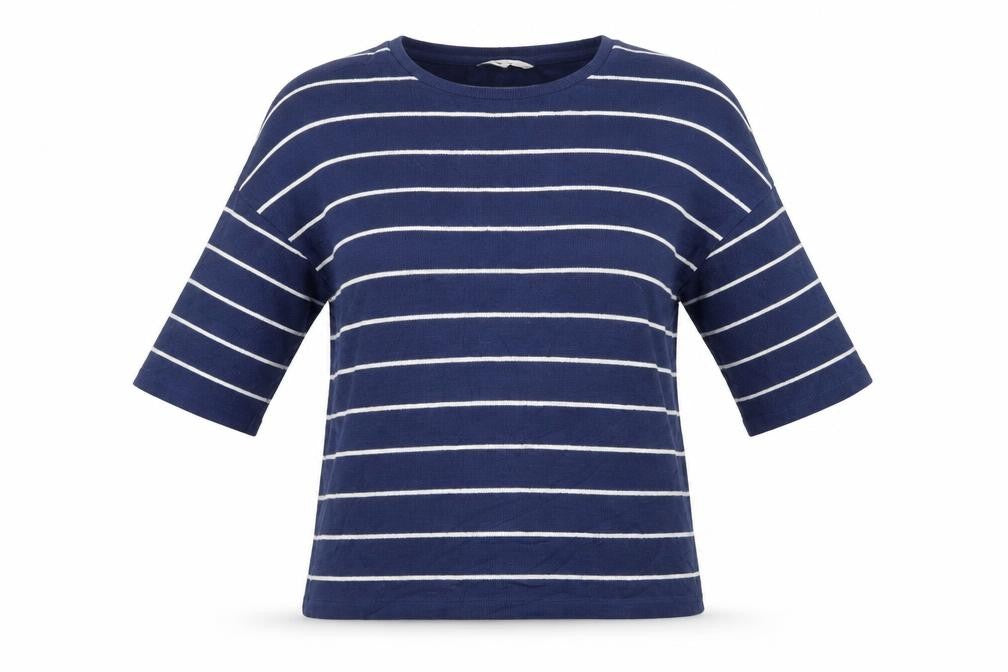 Front view of Tu women’s blue striped jumper, size UK 10