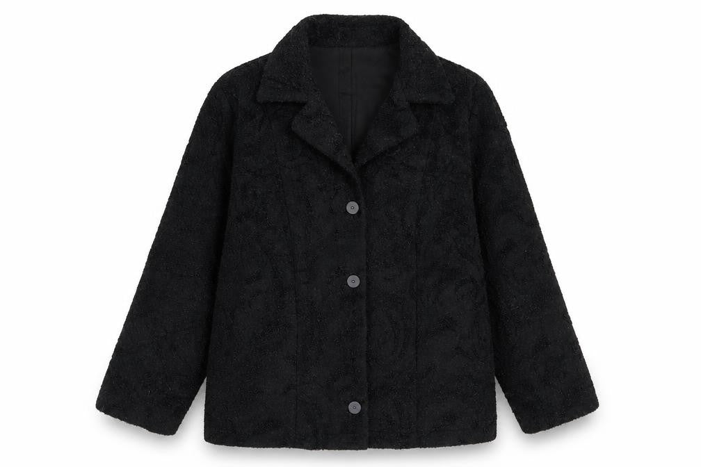 Front view of anne sofie women’s black jacket, size M