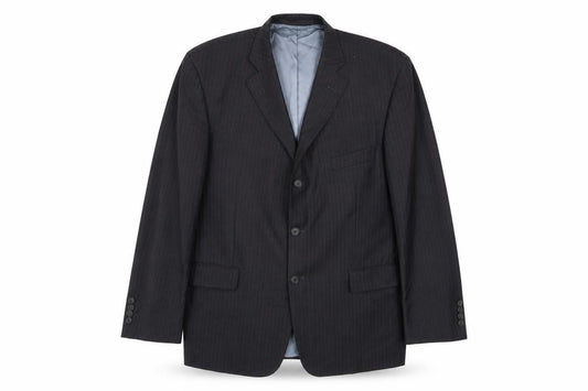 Front view of Marks & Spencer men’s black striped jacket, size L