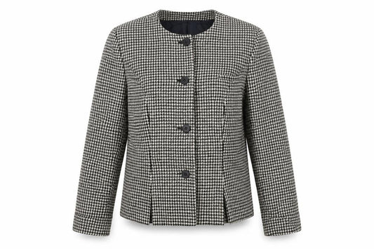 Front view of Jenni Barnes women’s multicoloured houndstooth jacket blazer, size UK 12