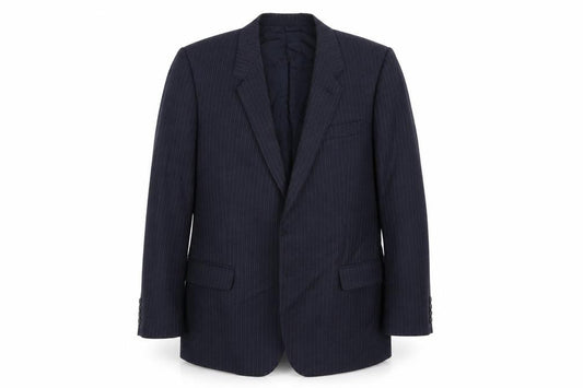 Front view of St Michael men’s blue striped jacket suit jacket, size M