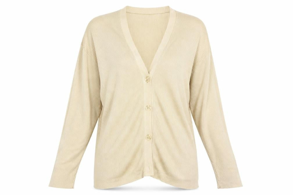 Front view of Suchita women’s gold cardigan jumper one size