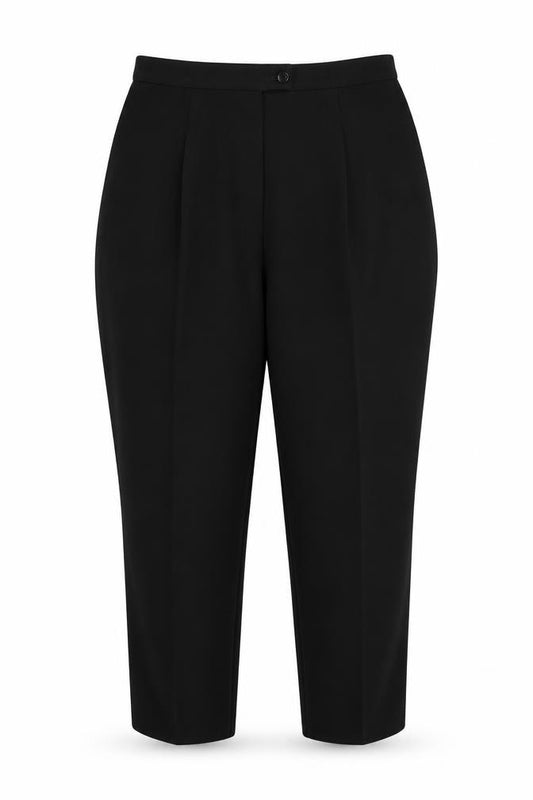Front view of Wrap & Weft women’s black trousers, size UK 18, 27-inch leg