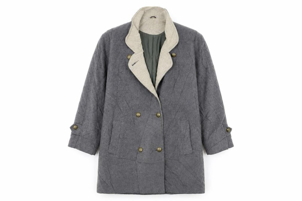 Front view of Preworn women’s grey overcoat coat, size UK 12