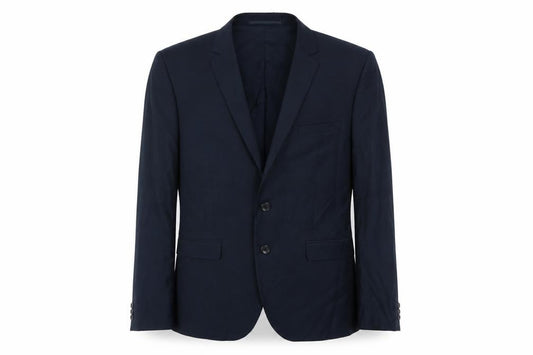 Front view of H&M men’s blue jacket suit jacket, size 38