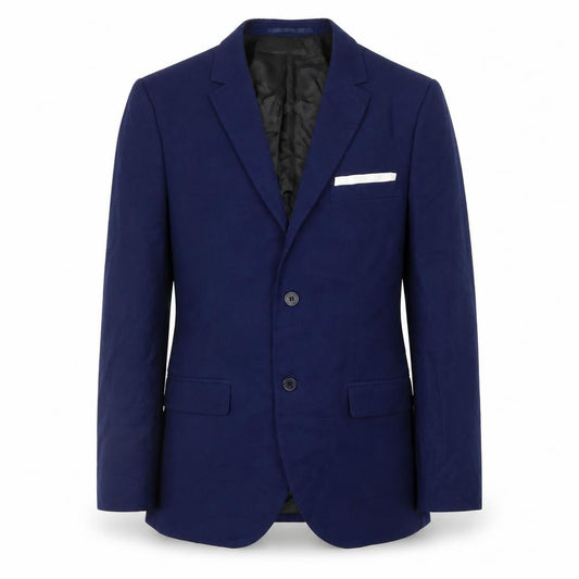 Front view of H&M men’s blue jacket suit jacket, size 38