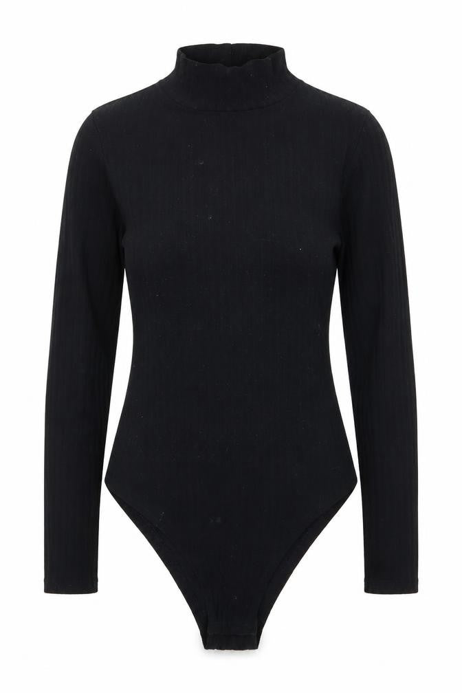 Front view of Boohoo women’s black bodysuit one-piece, size UK 8