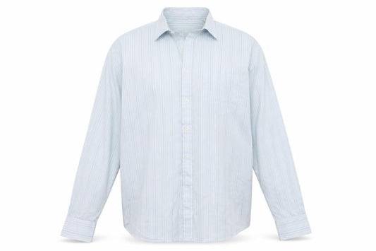 Front view of blue lake men’s blue striped button-up, size 16