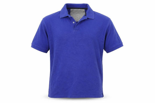 Front view of modern essentials men’s blue polo, size M