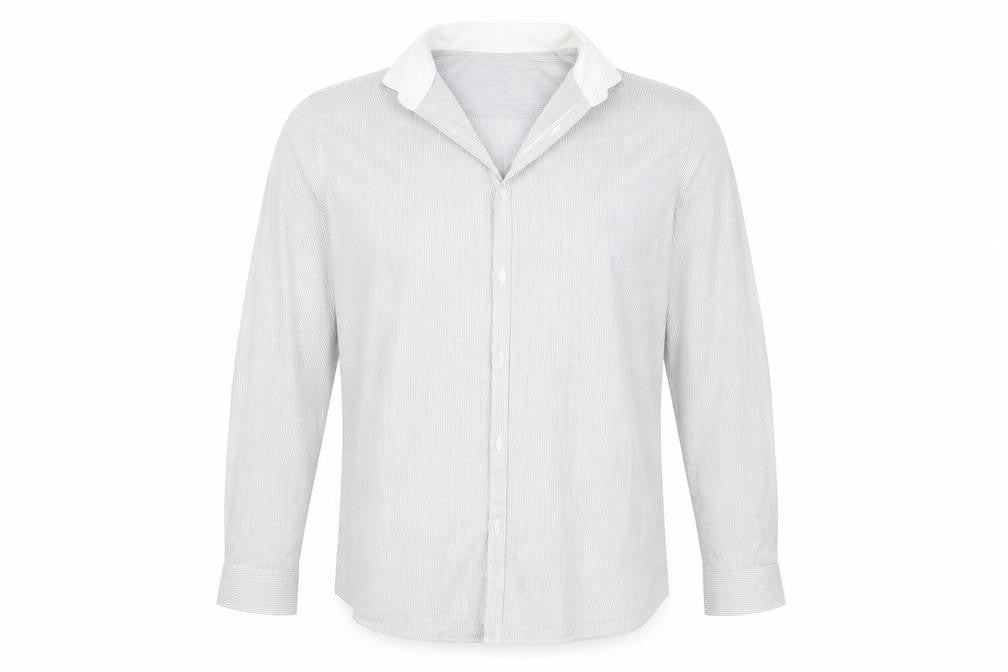 Front view of Cedarwood State men’s blue striped button-up, size 16, - washable marks