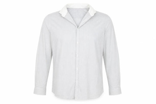 Front view of Cedarwood State men’s blue striped button-up, size 16, - washable marks