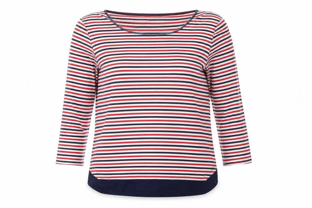 Front view of Marks & Spencer women’s red striped jumper, size UK 14