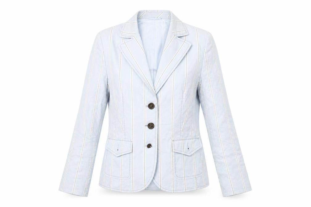 Front view of Basler women’s blue striped jacket blazer, size UK 10