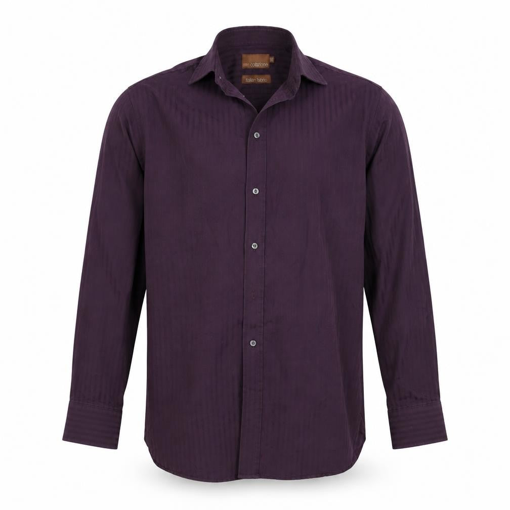 Front view of Marks & Spencer men’s purple striped button-up, size 15.5