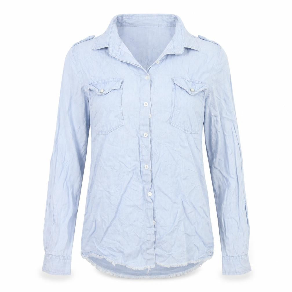 Front view of tag woman women’s blue colourblock basic button-up, size S