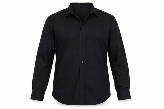Front view of BURTONS men’s black colourblock button-up, size 16.5