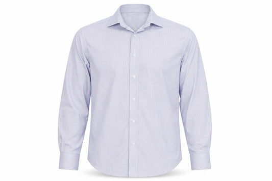 Front view of Marks & Spencer men’s blue striped button-up, size 15