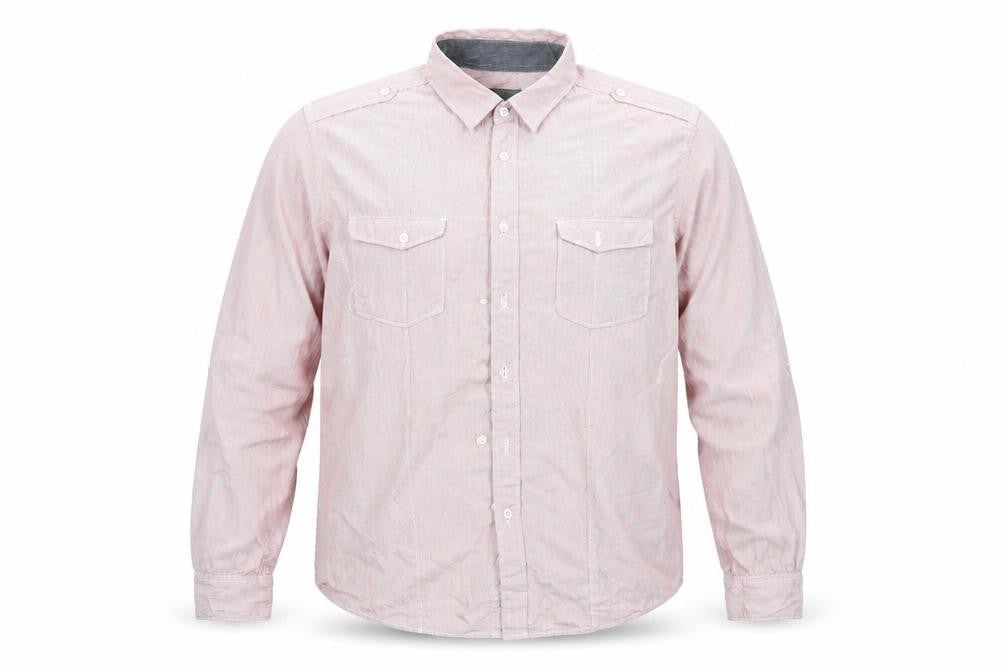 Front view of Burton men’s red striped button-up, size 2XL