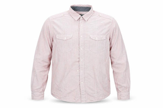 Front view of Burton men’s red striped button-up, size 2XL