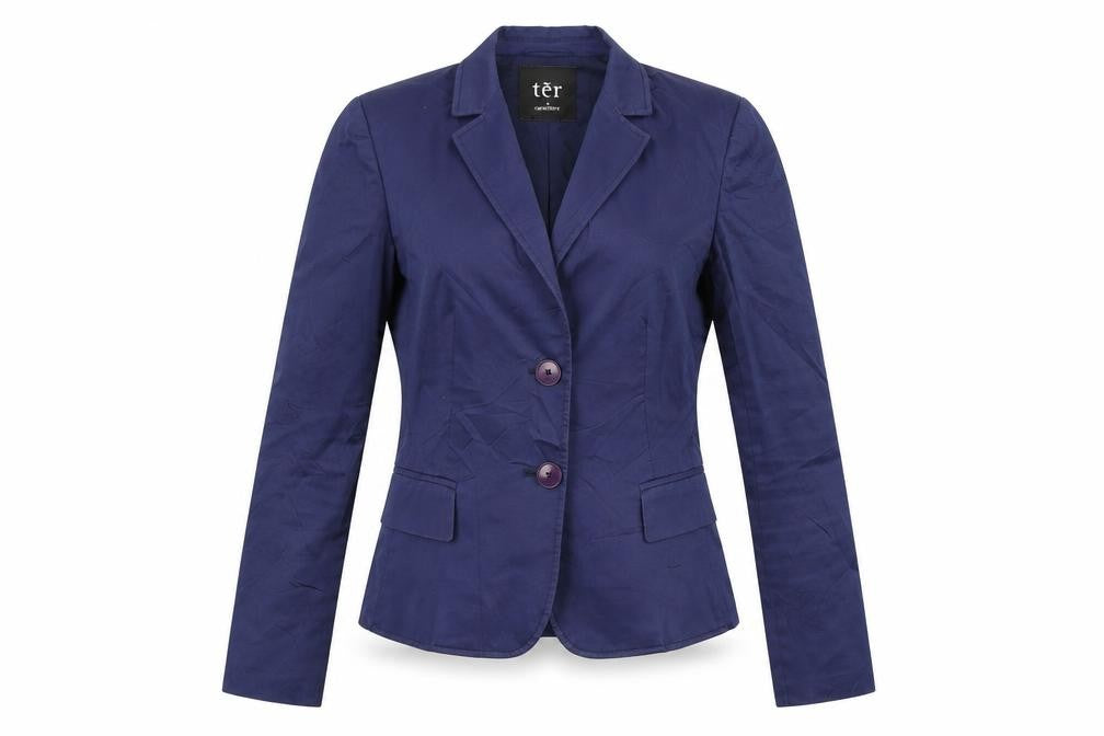 Front view of TER DE CARACTERE women’s blue jacket blazer, size UK 6