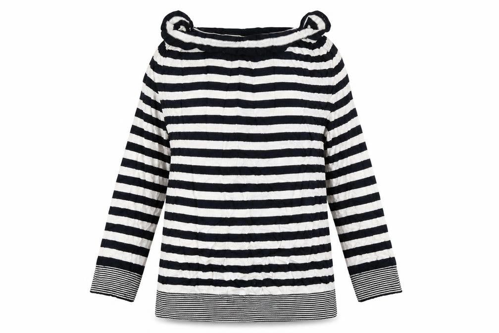 Front view of Per Una women’s black striped jumper, size UK 14