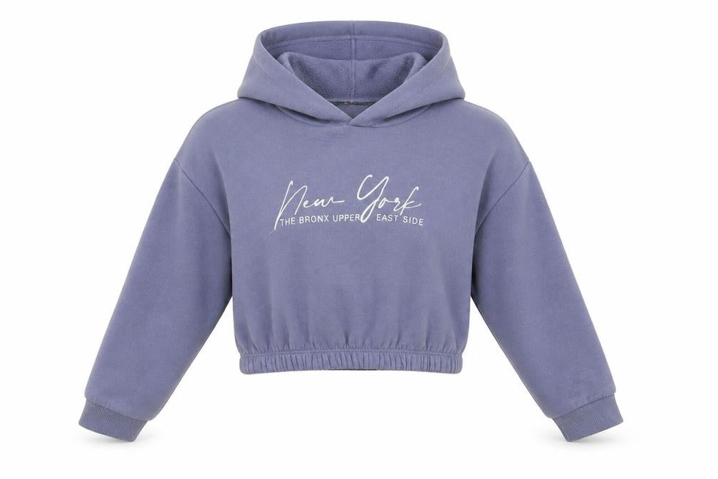 Front view of New Look girls’ blue pullover hoodie, size 10-11, years