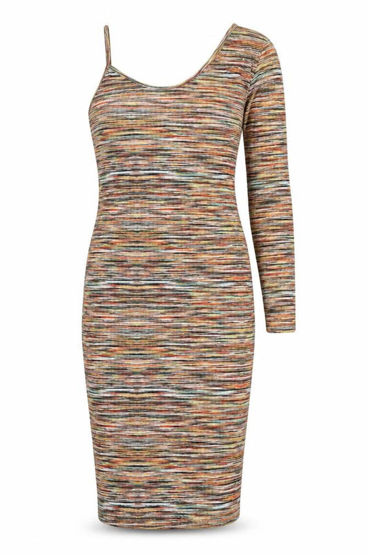 Front view of PRETTYLITTLETHING women’s multicoloured striped rayon pencil dress, size UK 14