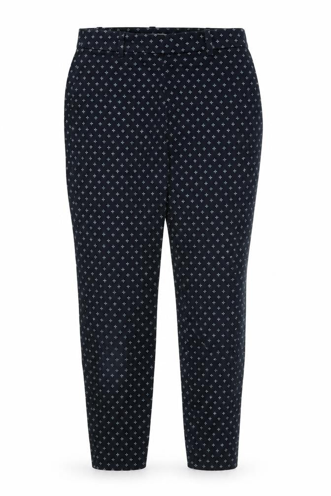 Front view of H&M women’s blue geometric trousers, size UK 6, 26-inch leg