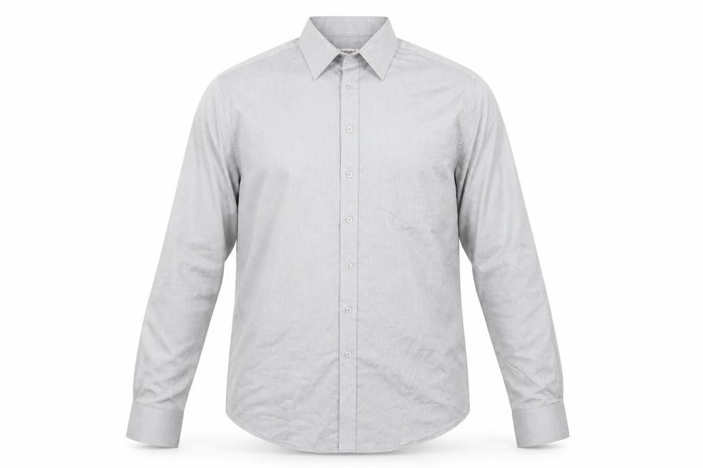 Front view of Merona men’s grey button-up, size L