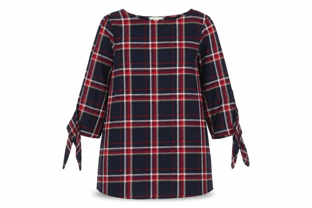 Front view of H&M women’s blue plaid a-line, size UK 10