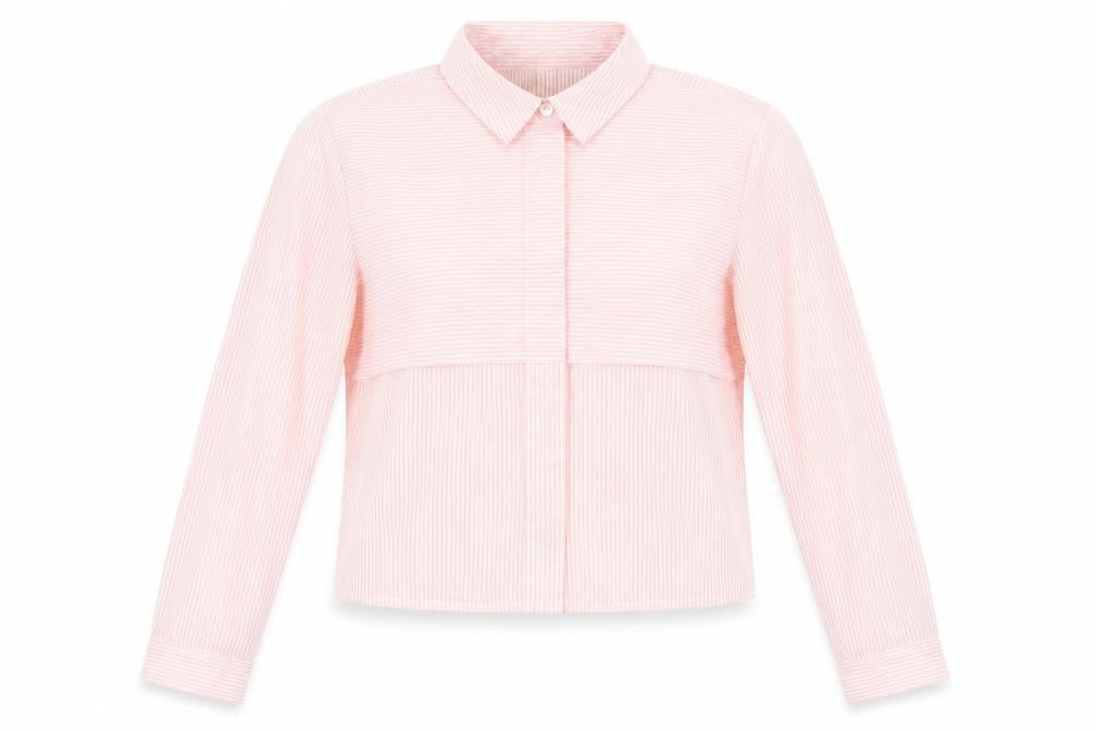 Front view of girl krazy women’s pink striped cropped button-up, size S