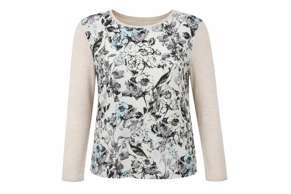 Front view of Warehouse women’s beige floral jumper, size S