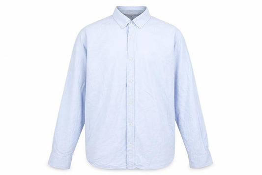 Front view of Rhino men’s blue button-up, size M