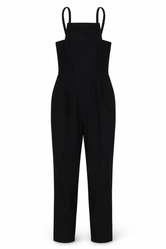 Front view of ASOS women’s black jumpsuit one-piece, size UK 8, 27-inch leg
