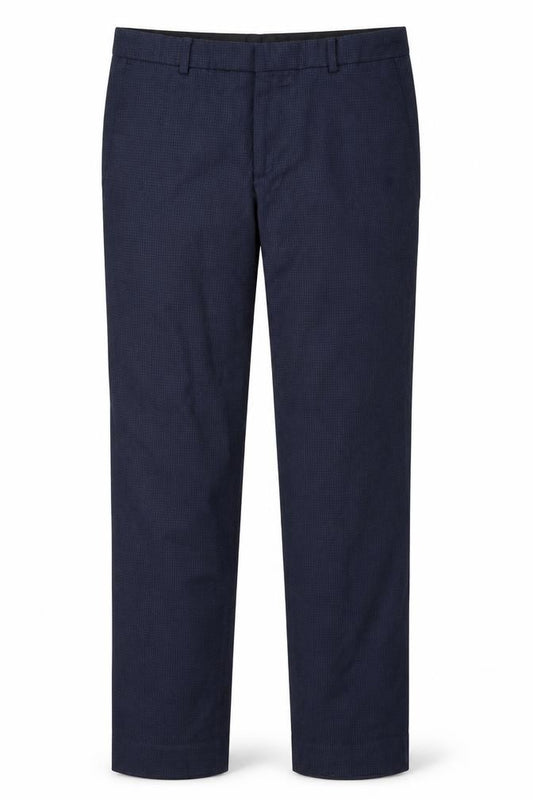 Front view of Preworn men’s blue check trousers, size 30, in, 31-inch leg