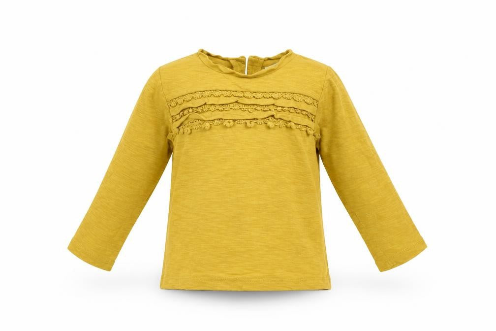 Front view of Next girls’ yellow basic t-shirt, size 9-12, months