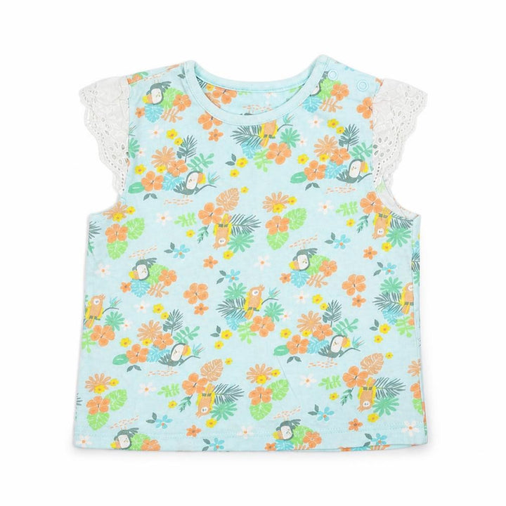 Nutmeg Girls Green Floral Basic T-Shirt Size 9-12 Months - Crochet Sleeve Detail