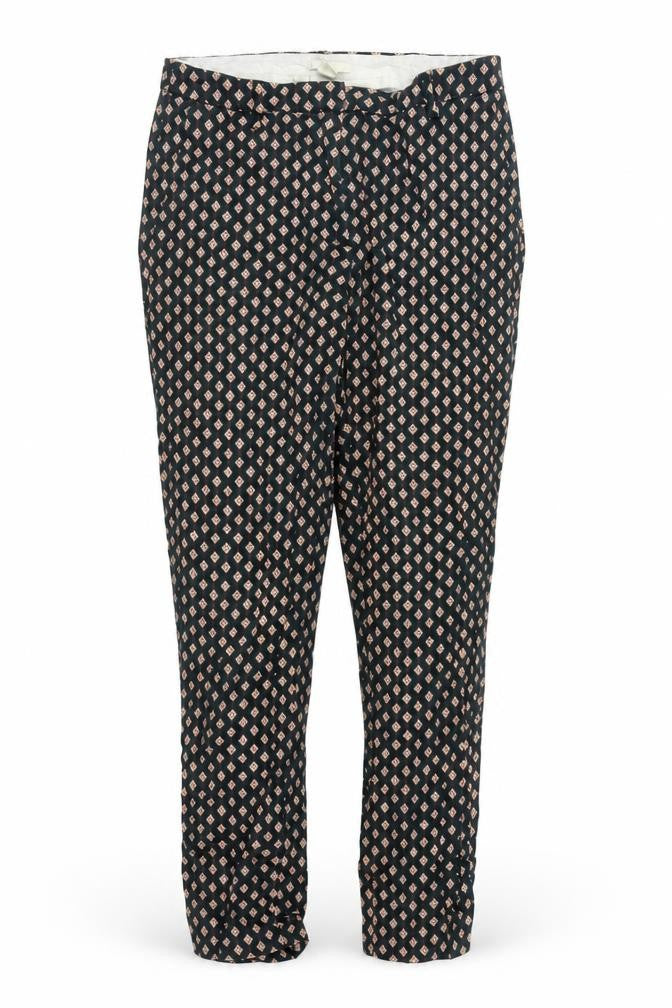 Front view of H&M women’s green geometric trousers, size UK 12, 27-inch leg