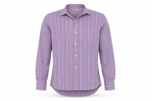 Front view of Moto men’s purple striped button-up, size L