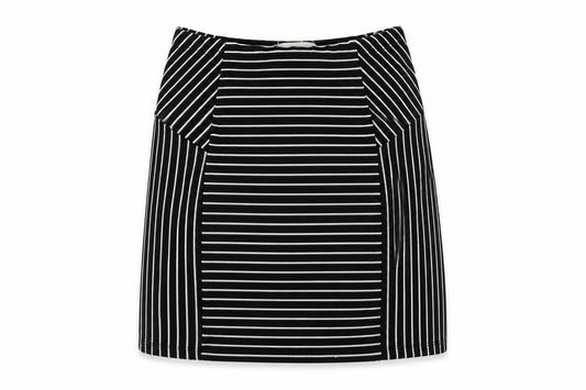 Front view of Mango women’s black geometric a-line skirt, size UK 6