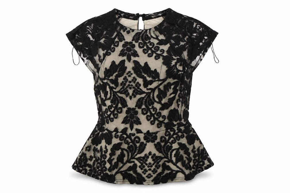 Front view of Striking women’s black floral basic t-shirt, size L