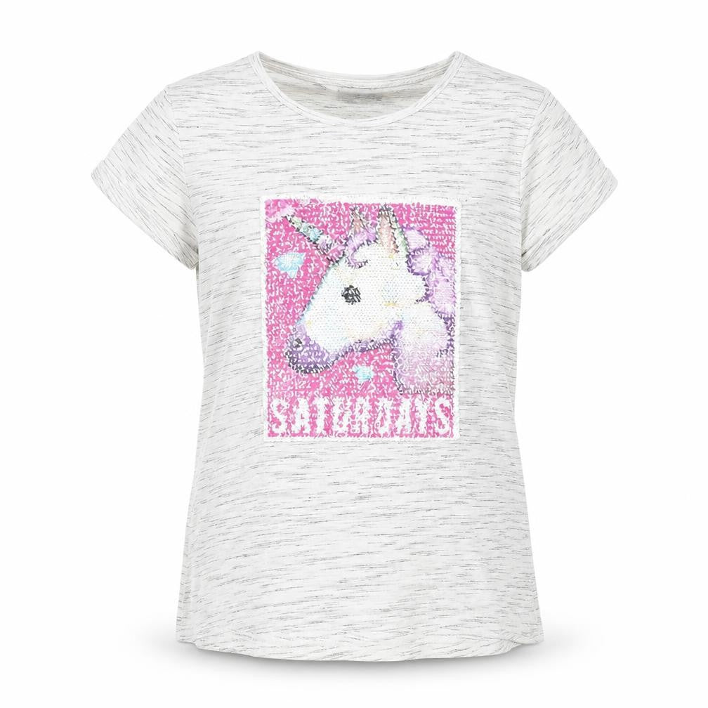 Front view of Young Dimension girls’ grey basic t-shirt, size 12-13, years