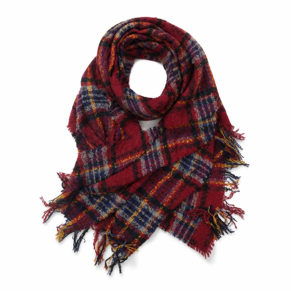 Front view of Preworn women’s red plaid shawl/wrap