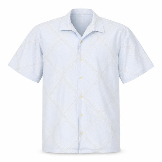 Front view of Next men’s blue geometric button-up, size M
