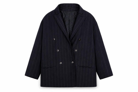 Front view of Debenhams women’s blue striped jacket blazer, size UK 14
