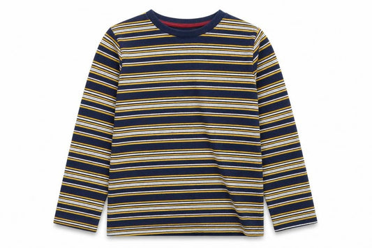 Front view of Preworn girls’ blue striped basic t-shirt, size 6, years
