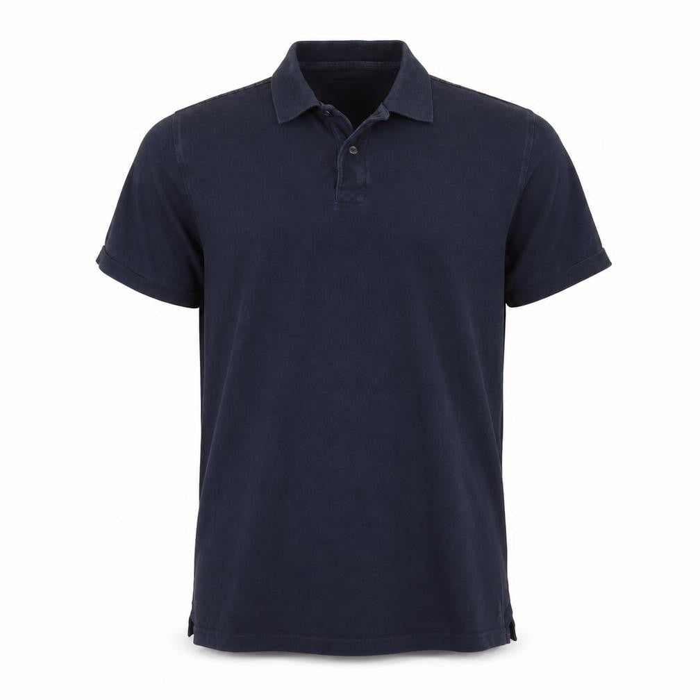 Front view of Easy men’s blue polo, size M